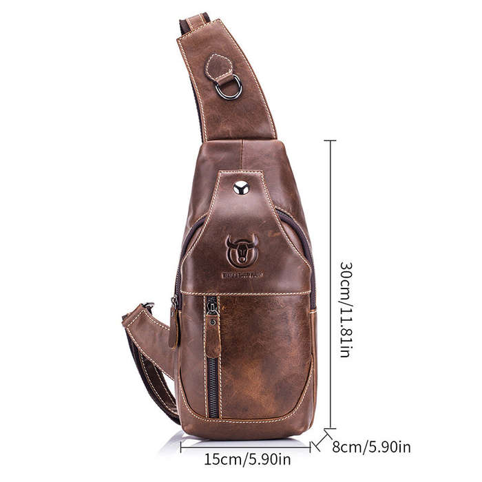 Brown - BULLCAPTAIN Men Genuine Leather Wear Resisting Textured Business Casual Brown Black Chest Ba