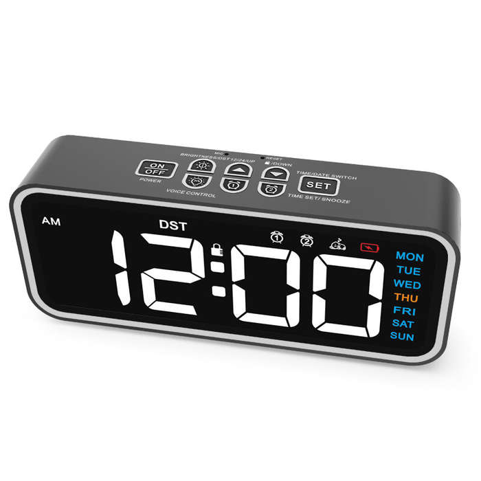 Black - Daylight Saving Time LED Digital Alarm Clock with Voice Control Smart High-Definition Mirror