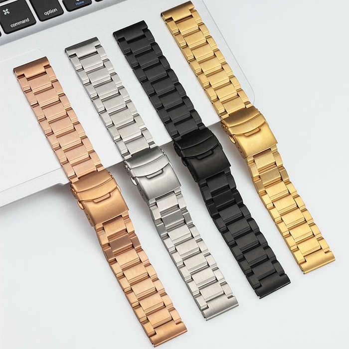 Black - 22mm Three-bead Trapezoidal Stainless Steel Watch Straps Smart Watch Band Replacement Strap