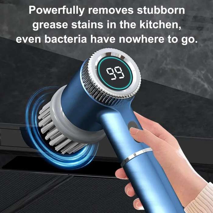Blue - 1200mAh Electric Dish Pot Cleaning Brush with 5 Brush Heads Bathroom Professional Cleaning Au