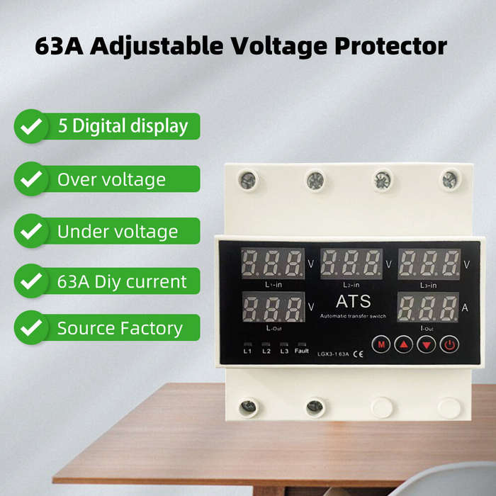 Black - Five-Screen Auto-Switching Three-Phase Digital Voltage Protector 63A 220V Adjustable Over/Un