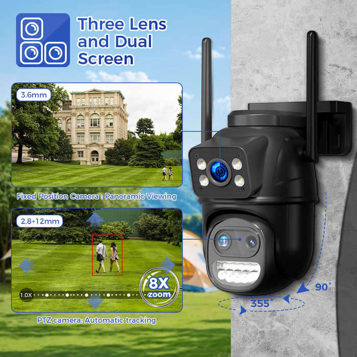 Black/White - Hiseeu WS419B WS419QB 9MP WIFI IP Camera Three Lens & Dual Screen With 8X Zoom PTZ Cam