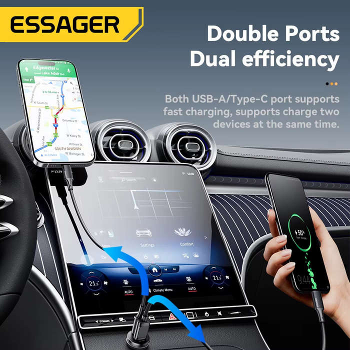 Black - ESSAGER ES-CC15 45W 2-Port USB PD Car Charger Adapter USB-A+USB-C PD3.0 QC3.0 Support AFC FC