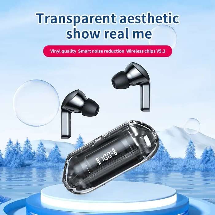 Black - T04 Transparent bluetooth Earphone Wireless Headphones LED Power Display Sports Music Headph