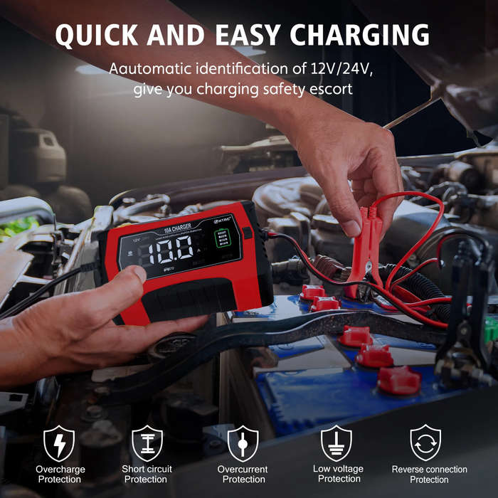 EU Plug - HTRC 10A Car Motorcycle Battery Charger 12V 24V Lead-Acid Lithium Battery Agm Smart Repair