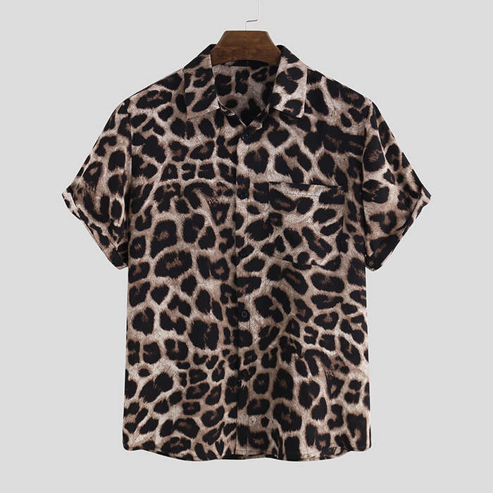 S - OUTDOOR Summer Leopard Print Shirts Fashion Men Short Sleeve Lapel Shirt Casual Floral Blouse Me