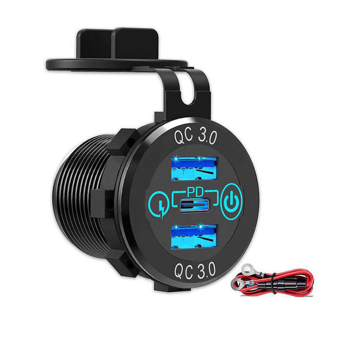 Red Light - 12V-24V 60W Triple USB Car Charger Socket PD3.0 & Dual QC3.0 with Touch Switch Fast Char