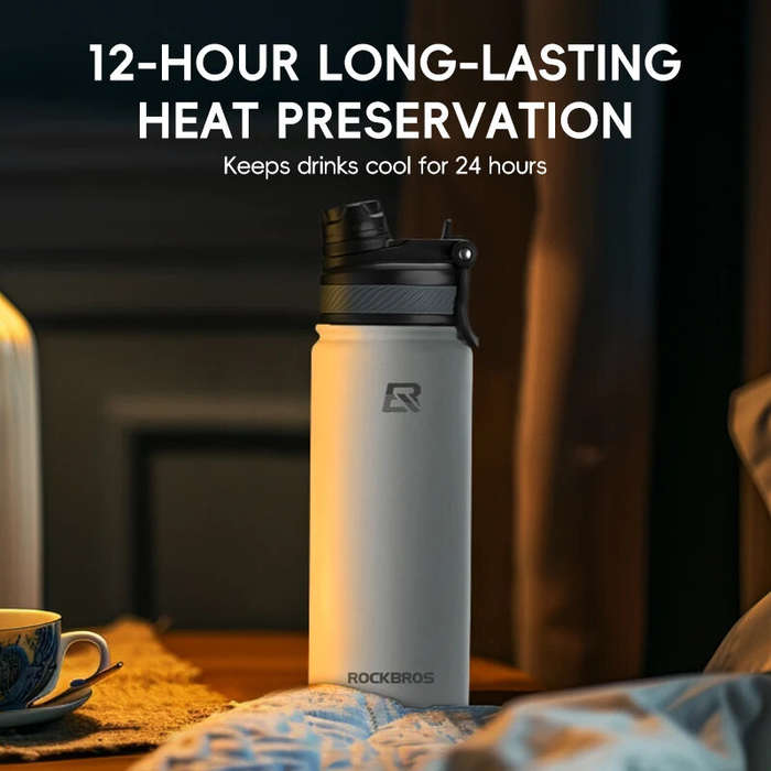 Black - ROCKBROS 550ml Thermal Water Bottle Sports Water Bottle Non Slip 304 Stainless Steel Cold An