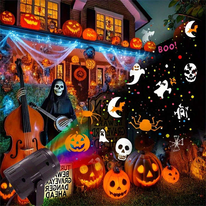 EU Plug - 16 Patterns Halloween Atmosphere Decoration Light Halloween Projection Lamp LED Fantasy Li
