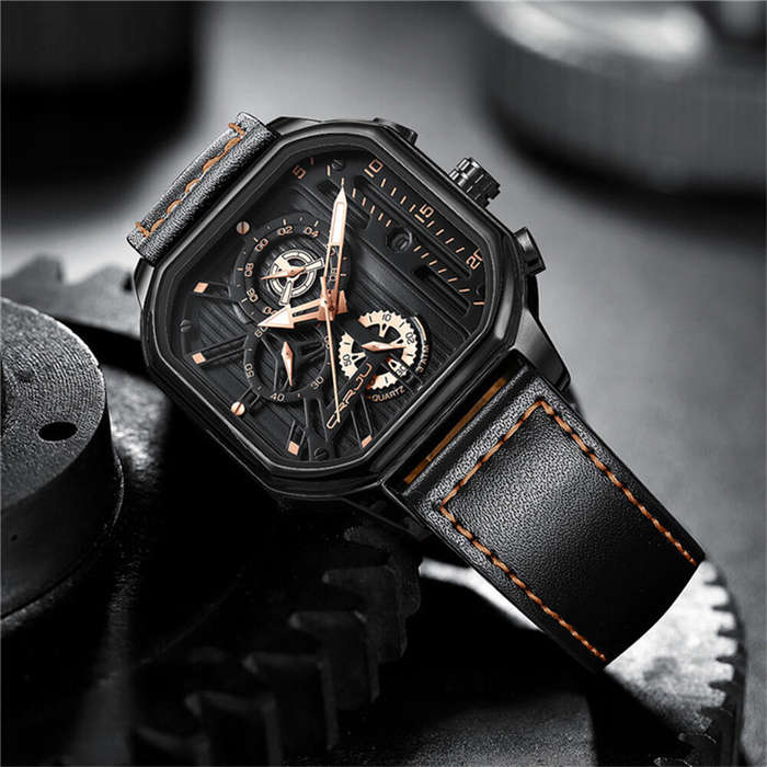Black+Gold - CRRJU Men's Luminous Waterproof Sports Watch Square Dial Chronograph Business Casual Qu