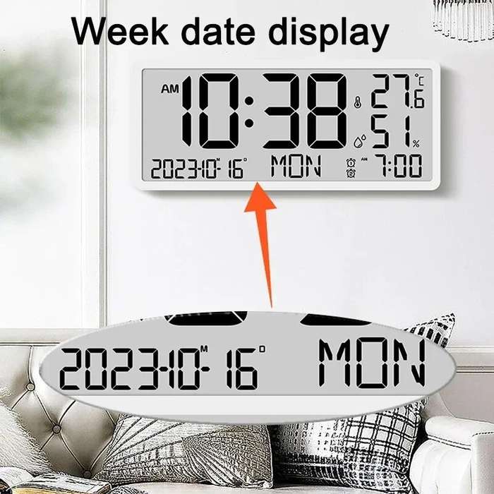 White - Large LCD Digital Wall Clock Temperature Humidity Display Alarm Clock Hanging/Desktop Digita