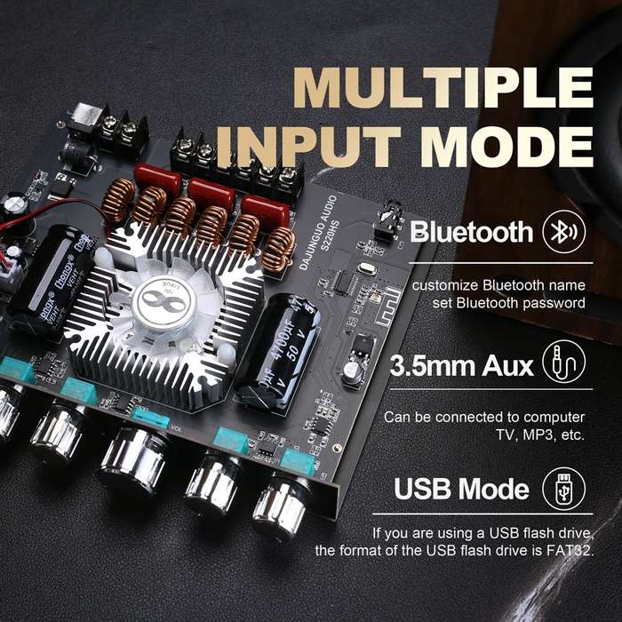 Black - S220HS bluetooth Power Amplifier Board 2.1 Channel TDA7498E 160Wx2+220W 12V-38V Audio Power