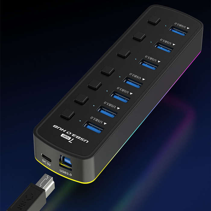 Black - 7 in 1 RGB USB3.0 Hub Docking Station with 5Gbps USB3.0*7 Multiports Splitter Adapter with I
