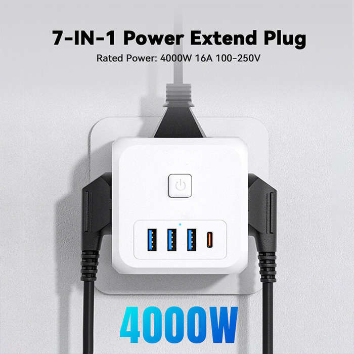 Essager 4000W 7-Port Power Strip with 3 AC Outlets+3 USB-A+USB-C Fast Charging Wall Charger Adapter