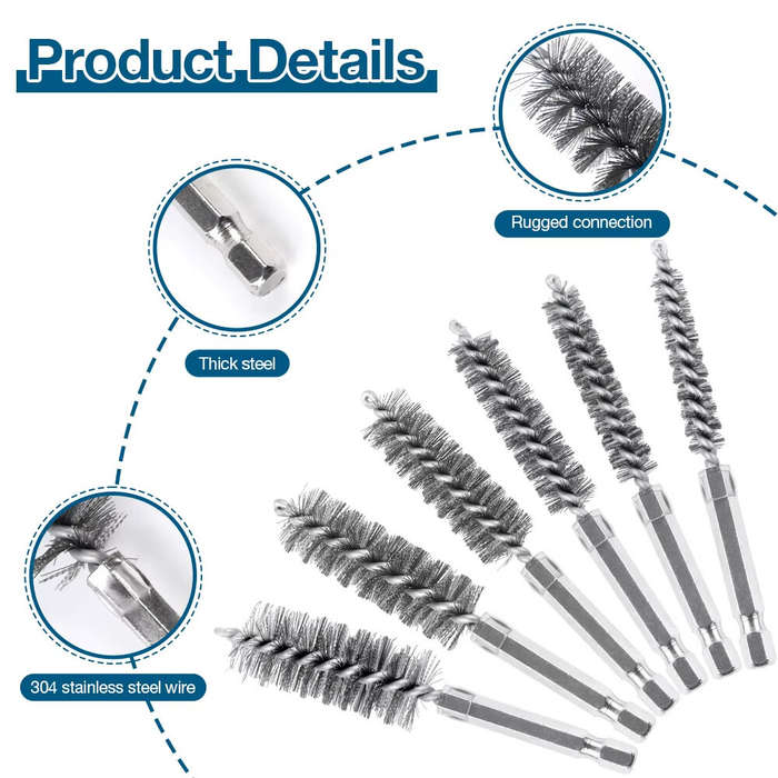 6pcs - Premium Stainless Steel Bore Brush Set 6 pcs Silver Straight Wire Bristle for Drill Efficient