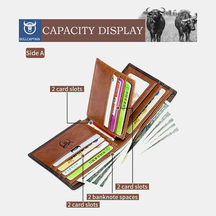 Red - BULLCAPTAIN Genuine Leather RFID Blocking Wallet for Men, Retro Thin Short Multi-functional ID