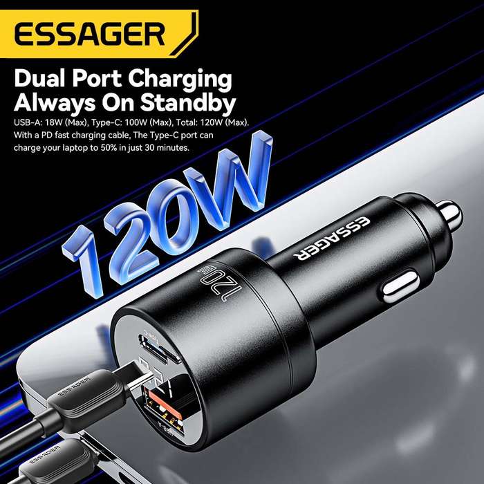 Black - ESSAGER FSJ-009 120W 2-Port USB PD Car Charger Adapter 18W USB QC3.0 100W USB-C PD Fast Char