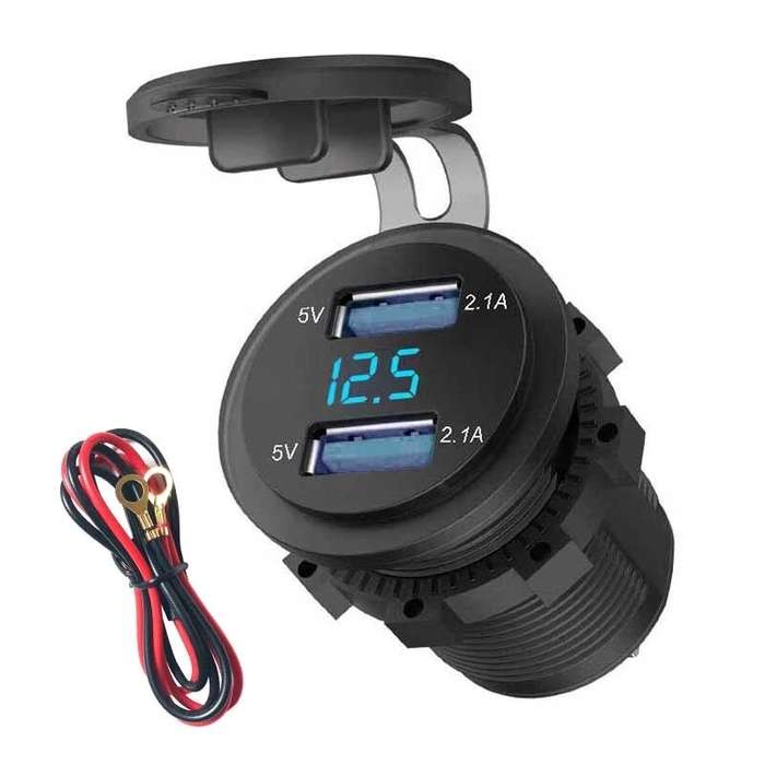Blue - 4.2A Waterproof Car 2 Port Dual USB Charger Socket Power Outlet with LED Voltmeter for 12-24V