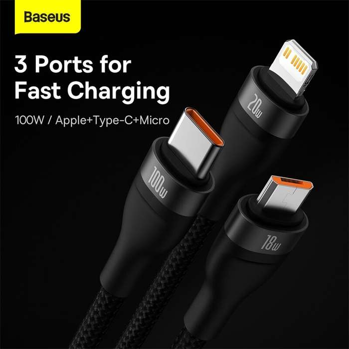 Black - Baseus Flash Series II 100W USB-A/Type-C to Micro/iP/Type-C Cable PD QC Fast Charging Data T