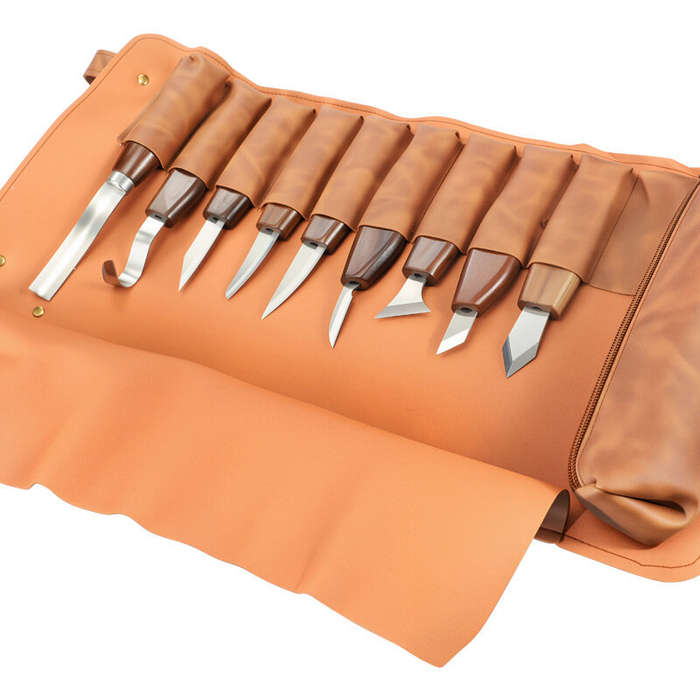 12 Pcs - Carving Knife Set 12PCS Wood Handle High-Quality Carbon Steel Blades with Leather Roll and