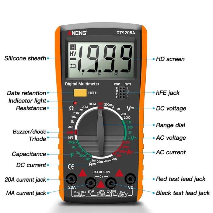 Red - ANENG DT9205A Newly HD Digital True RMS Professional Multimeter Auto AC/DC Voltage Current Tes