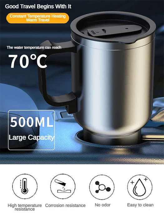 Silver - 500ML 12V Car Heating Cup Insulated Water Cup Travel Mug Bottle Car Electric Kettle Car Hea