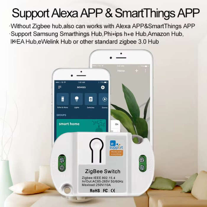 White - eWelink Wireless Zigbe Smart Switch 10A Support Alexa Smartthings Voice & App Remote Control