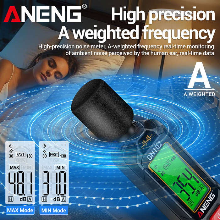 1 PC - ANENG GN102 Digital Noise Meter 30-130dB Sound Level Meter LCD Backlit Display Compact Design