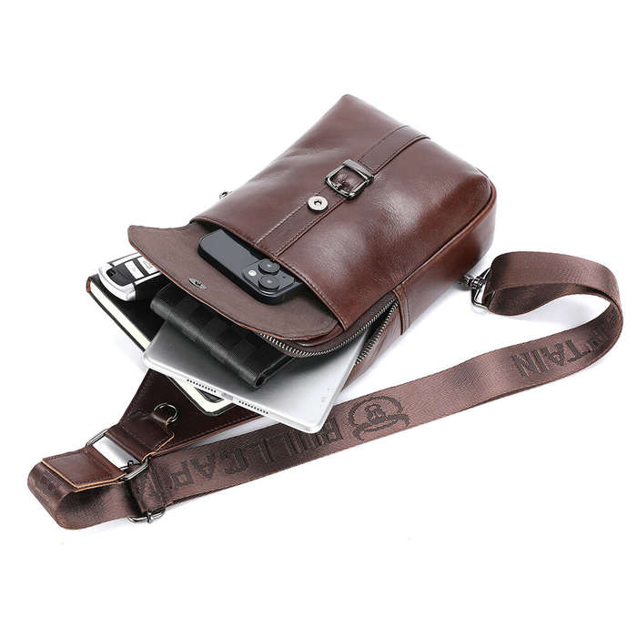 Black - BULLCAPTAIN Vintage Men's Genuine Leather Chest Bag Large Capacity Wear-Resistant Crossbody