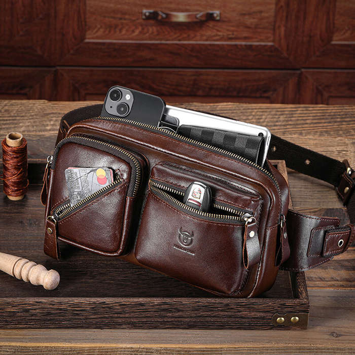 Black - BULLCAPTAIN Men's Genuine Leather Waist Bag Large Capacity Chest Bag Outdoor Sports Zipper F
