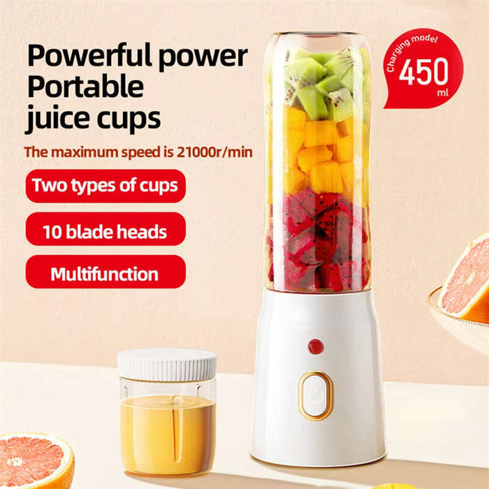 White - Electric Juicer Cup with 2 Cups Portable Juicer Mixer 10 Blade Usb Charge Fresh Fruit Juice