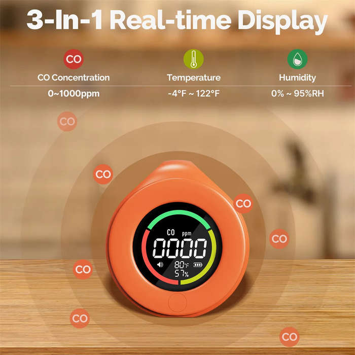 Orange - MOES Mini Carbon Monoxide Detector Travel 3-in-1 Portable Temperature/Humidity/CO Meter wit