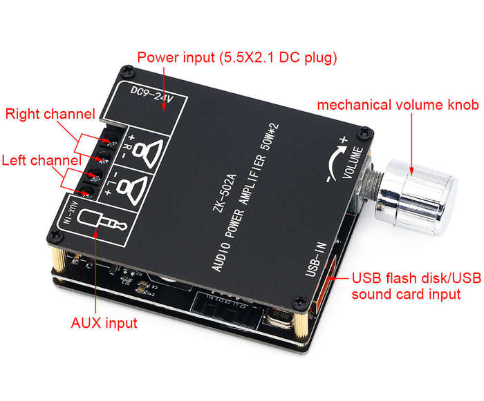 ZK-502A Bluetooth Audio Digital Power Amplifier Board Module 2.0 Stereo Dual Channel 50W + 50W