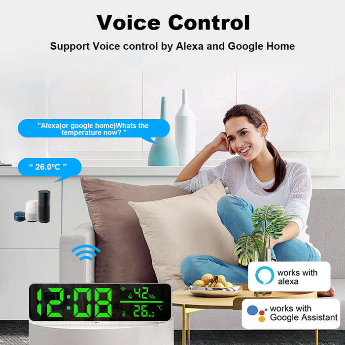 White - Tuya WiFi Temperature Humidity Sensor Support Time Alarm Clock Display USB Desktop Mirror Cl