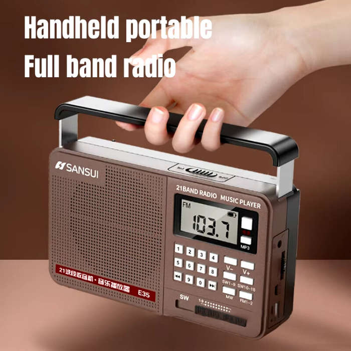 Brown - SANSUI E35 Radio Portable Digital Retro Speaker HiFi Bass Music Player with LED Flashlight F