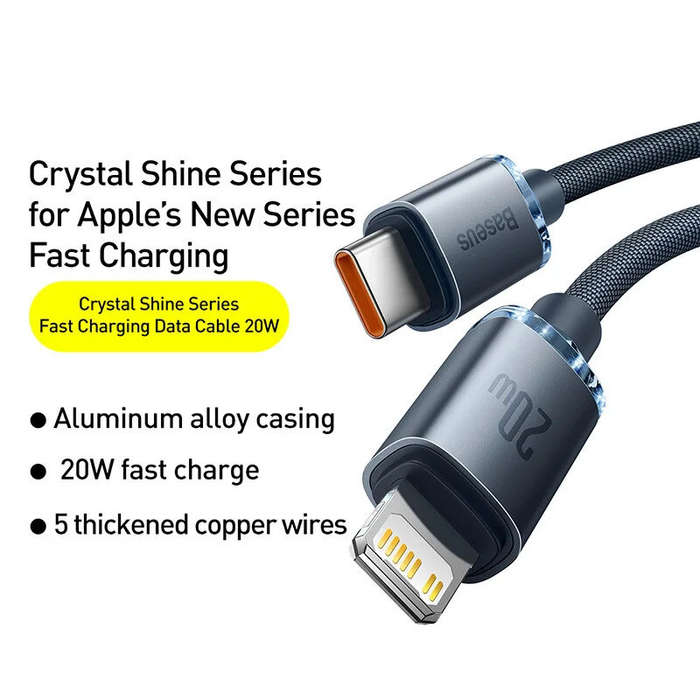 1.2M - Baseus Crystal Series PD20W Type-C to iP Cable Fast Charging Data Transmission Tinned Copper