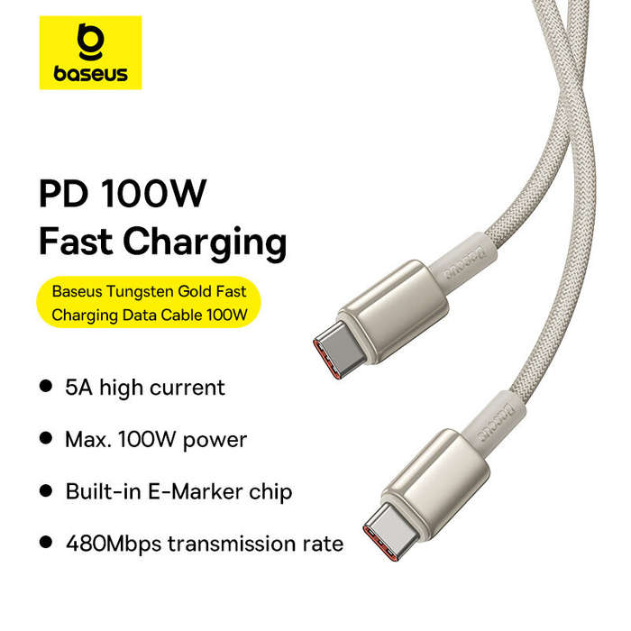 Gold - Baseus Tungston Gold Series 5A 100W Type-C to Type-C Cable Fast Charging Data Transmission Ti