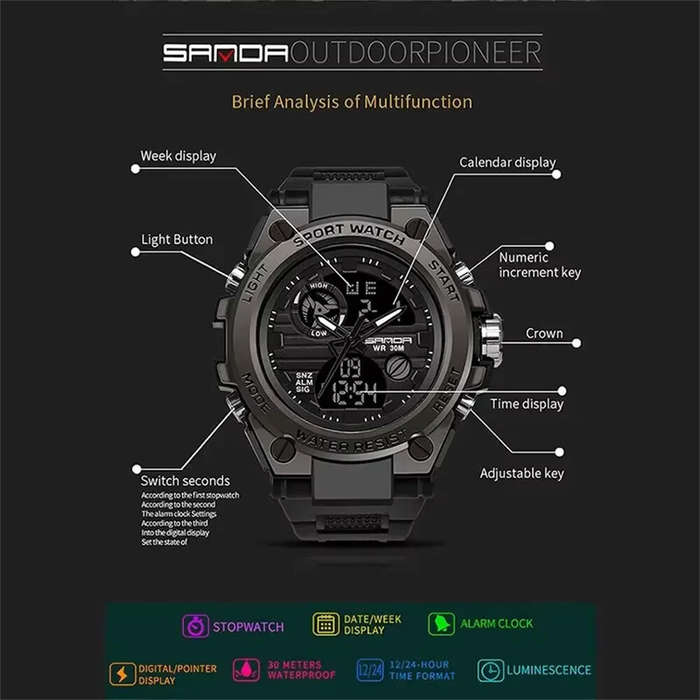 Black/Silver - SANDA Men's Sport Dual Display Watch Outdoor Waterproof Luminous Date Week Multifunct