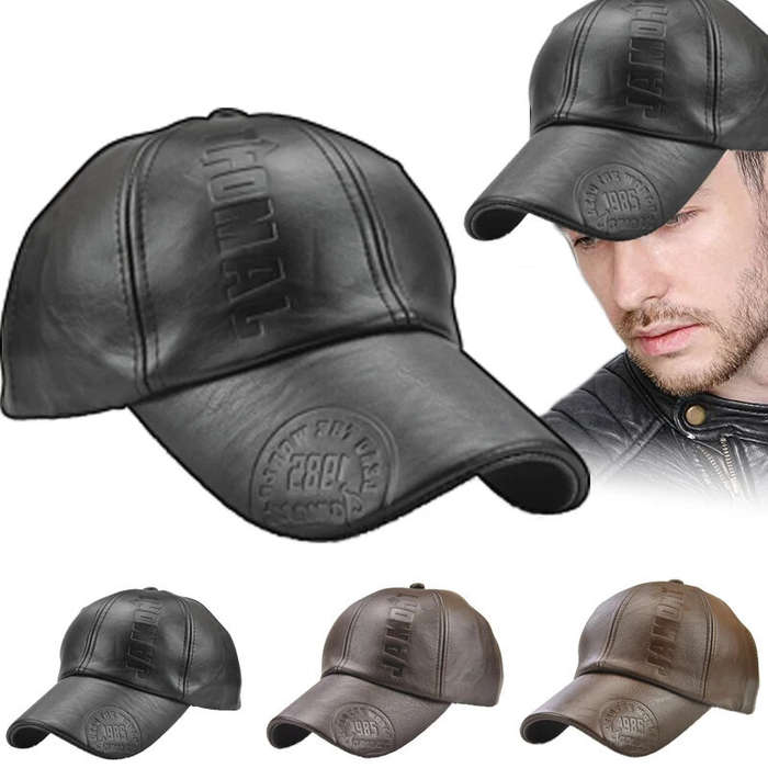 Black - Collrown Fashion Baseball Cap Outdoor Men's Adjustable PU Leather Hat Letters Embossed Casua