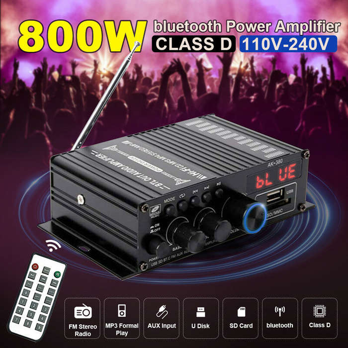 EU Plug - AirAux AK380 Wireless Amplifier 800W MAX Output 2.0 Channel Hi-Fi Class D bluetooth V5.0 R