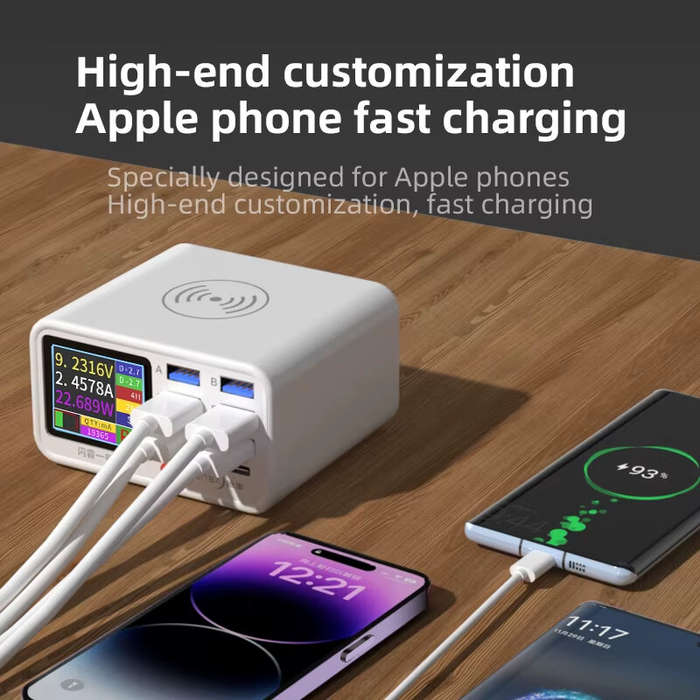 EU Plug - TENSAJ Shanba No.1 65W 8-Port USB Wireless Charger Station with LCD Digital Display 6USB-A