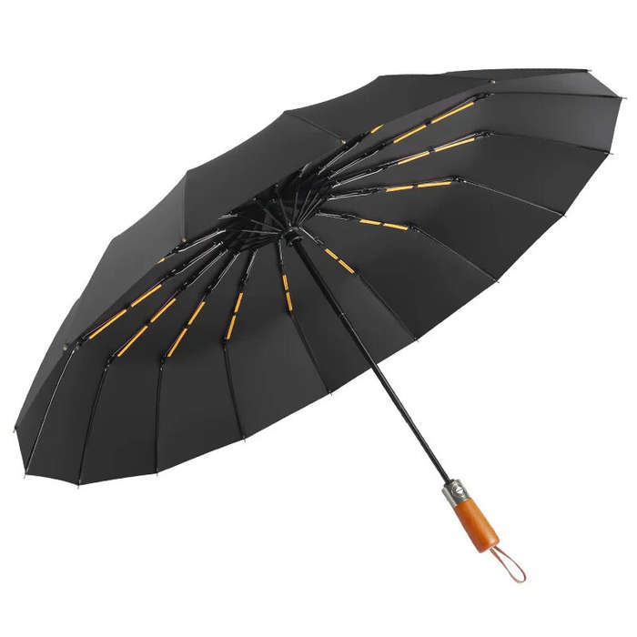 Black - 16-Bone Double Fully Automatic Rain Umbrella Keel Wooden Handle Sun Protection Umbrellas Lar