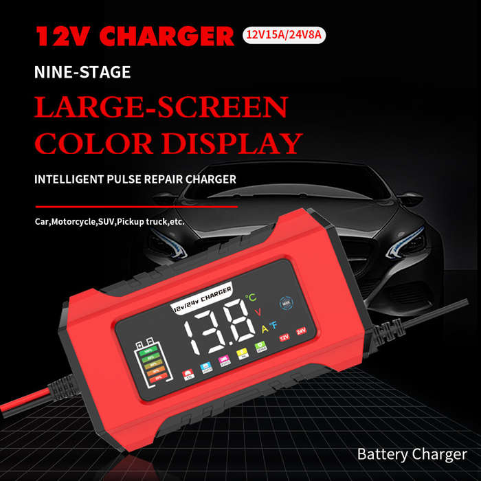 Black - RJtianye 9 Stage Charging 12V 15A / 24V 8A Large Color Screen Battery Charger Trickle Charge
