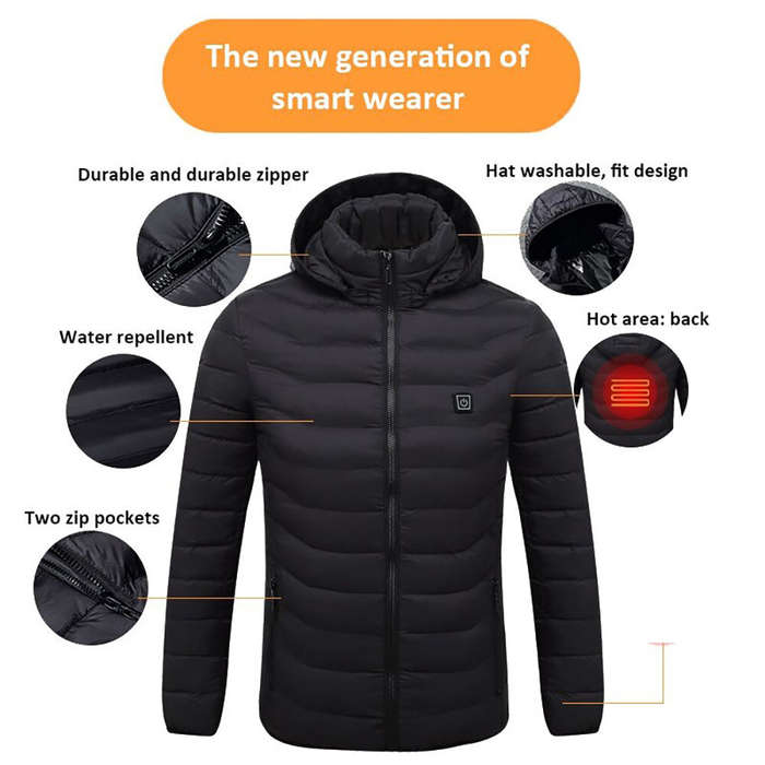 3XL - 2 Zone Electric Heated Jacket Winter Intelligent USB Rechargeable Heating Cotton Coat Motorcyc