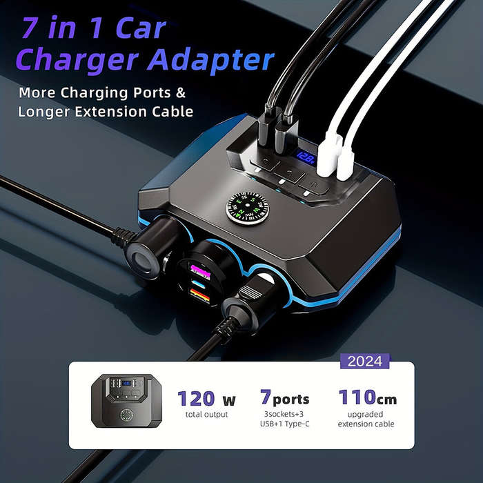Black - 120W Car Charger Adapter 7 in 1 4 USB 3 Socket Splitter Charge Independent Switches DC Outle