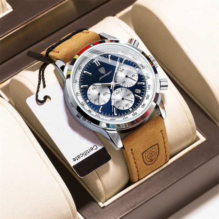 Blue - POEDAGAR Men's Luminous Waterproof Quartz Watch Fashion Comfortable Leather Multi-function Bu