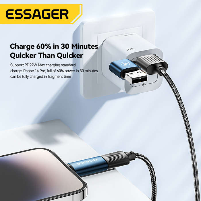 Black - ESSAGER ES-X49 3A 65W USB-A/Type-C to Type-C/iP Cable Fast Charging Data Transmission Copper