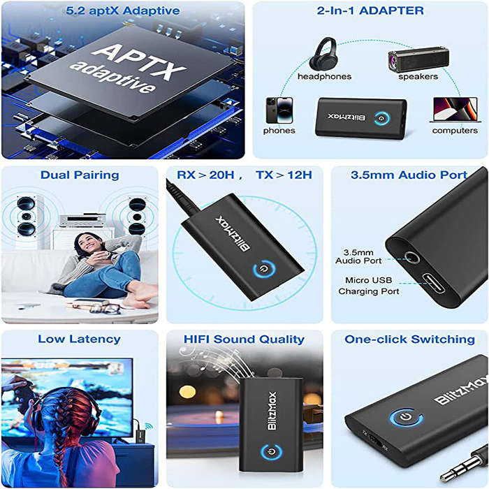 Black - BlitzMax BT05 Transmitter Receiver bluetooth V5.2 Apt Adaptive Low Latency HiFi Sound Dual L