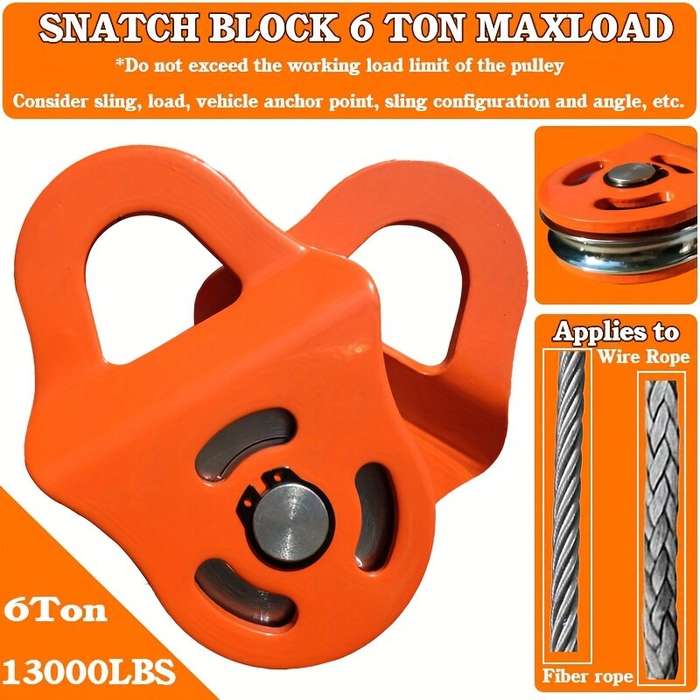 Orange - 6 Ton Heavy Duty Winch Pulley Block Max Load 13000lbs Steel Cable Synthetic Rope Compatible