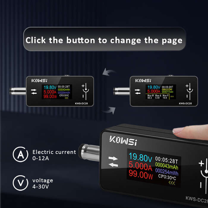 Black - KWS-DC28 Current Voltage Tester 4-30V 12A Digital Ammeter 0.96-inch TFT Display High Precisi